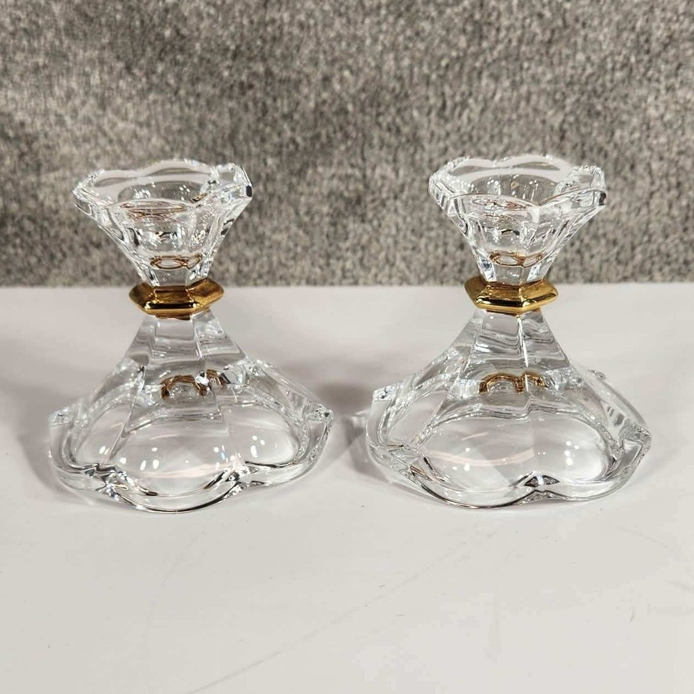 Gorham Heavy Cut Crystal Gold Band Matched Pair Candlesticks